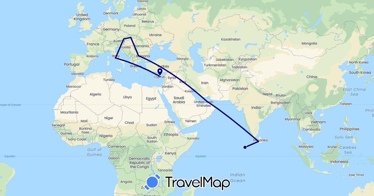 TravelMap itinerary: driving in United Arab Emirates, Austria, Bulgaria, Cyprus, Italy, Sri Lanka, Maldives, Slovakia (Asia, Europe)